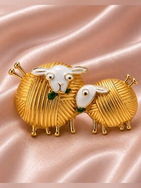 Cute Gold Sheep Duo Enamel Brooch